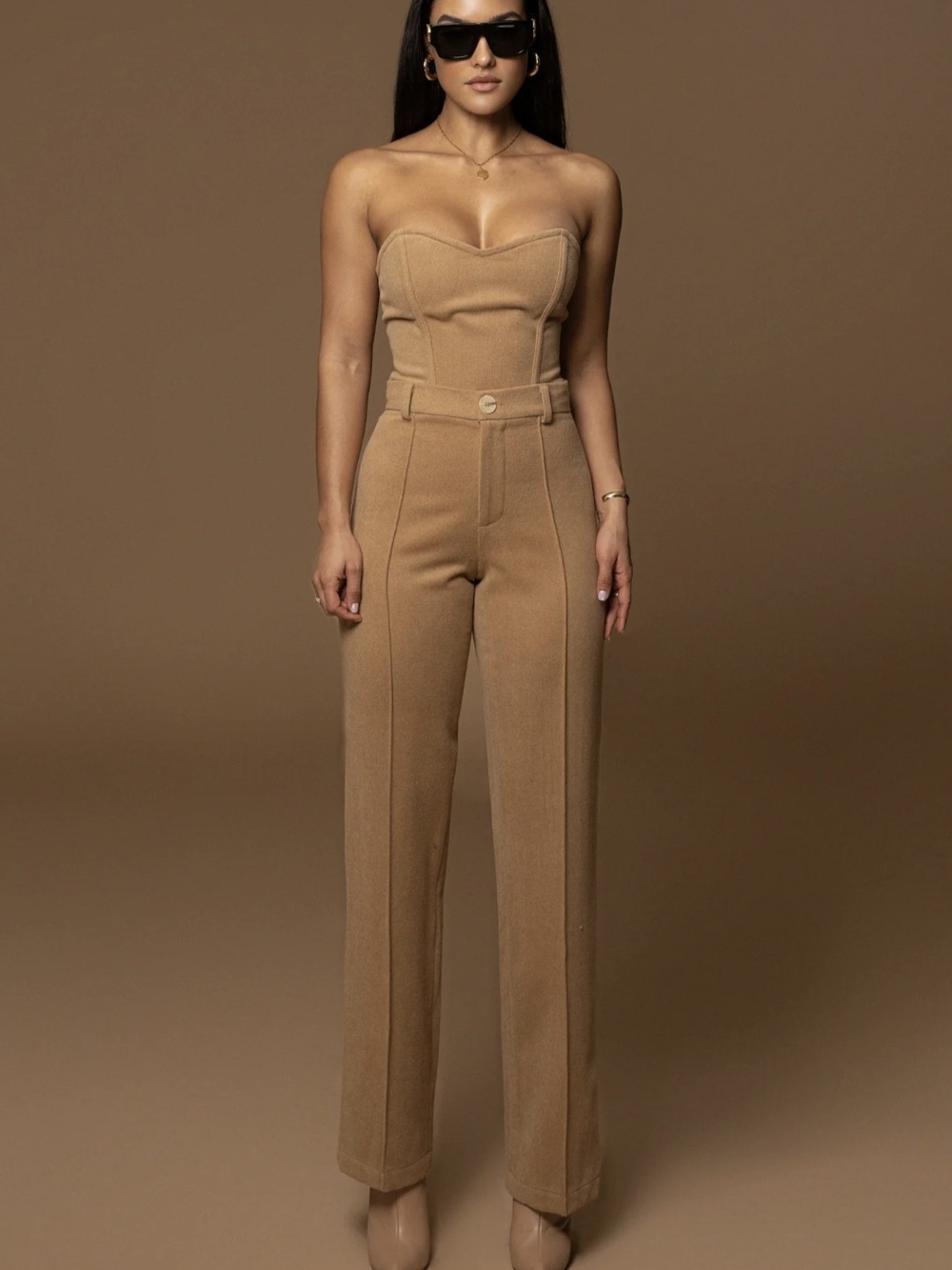JLUXLABEL 2 Piece Camel/Tan Strapless Wool Corset Top & Matching Trousers